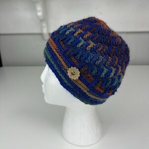Created by Cyd Hand Crochet Wool Beanie Hat Blue Green Boho Winter Knit Cap‎ NEW